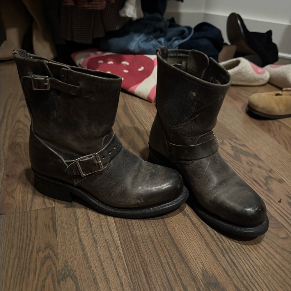 Frye Grey Leather Ankle Boots with Buckles